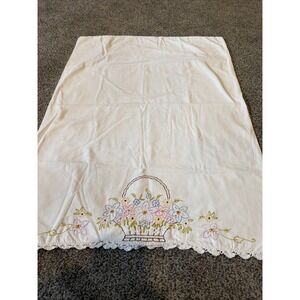 Vintage Cotton Pillow Case With Embroidered Flower Basket Standard Size